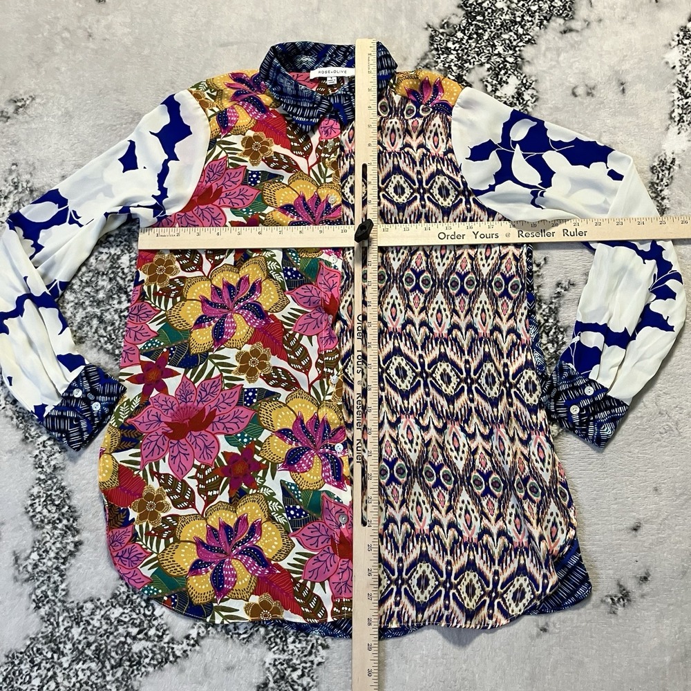 Rose Olive Shirt Womens Sz S Patchwork Floral Ikat Artsy Statement Vibrant Boho - Picture 2 of 8